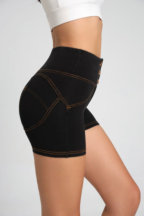 #Black high-waisted shorts with orange stitching