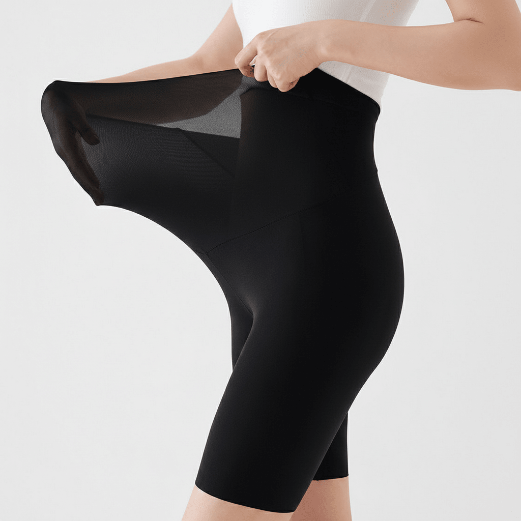 Black high-waisted yoga pants with four-way stretch