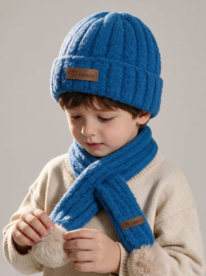 #Blue Kid Fuzzy Plush Knitted Hat Scarf Winter Set