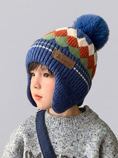 #Blue Kids Argyle Knit Earflap Beanie Hat