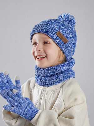 #Blue Kids Fleece Lined Pom Knit Hat Scarf Gloves Set