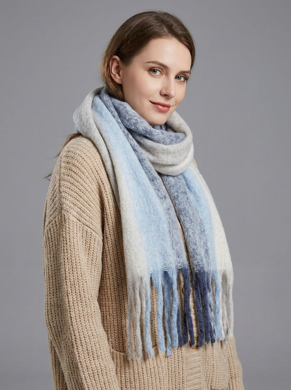 #Blue Women Soft Color Block  Fringe Scarf