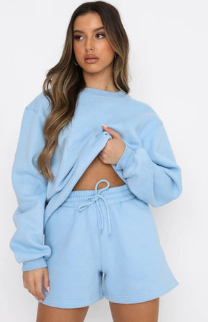 #Blue Womens Crewneck Sweatshirt Shorts Set