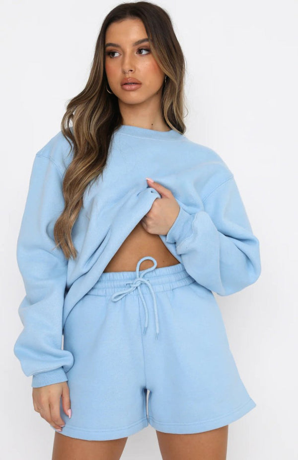 #Blue Womens Crewneck Sweatshirt Shorts Set