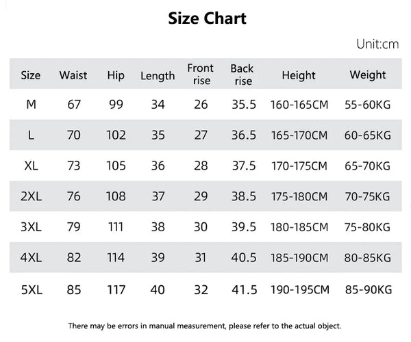 Size chart for clothing measurements in centimeters