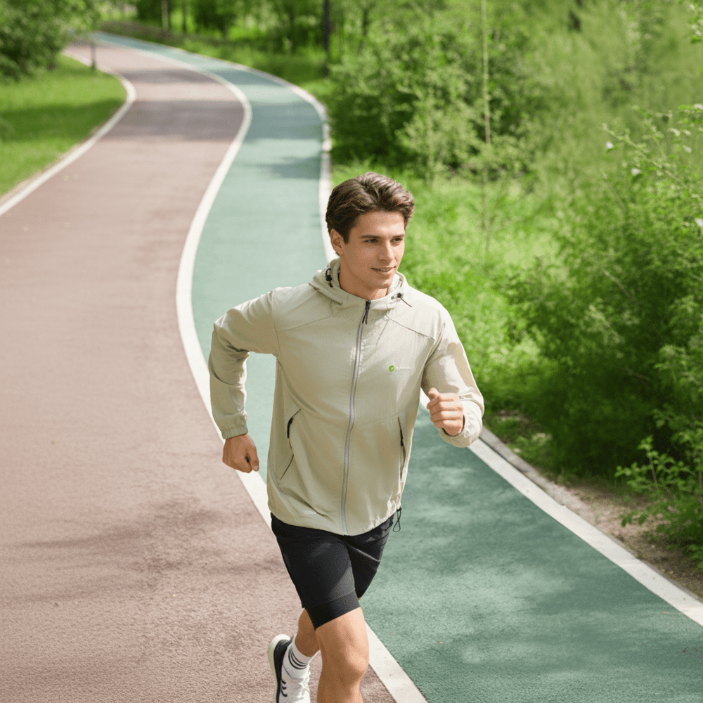 A man is running while wearing an ANNIOU sun-protective hooded jacket