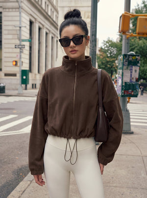 #Brown Cropped Sherpa Fleece Stand Collar Jacket
