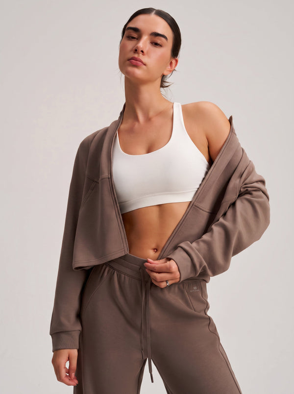 #Brown Cropped Stand Collar Athletic Jacket