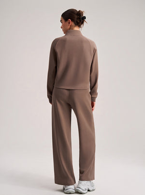 #Brown Cropped Stand Collar Athletic Jacket of back view
