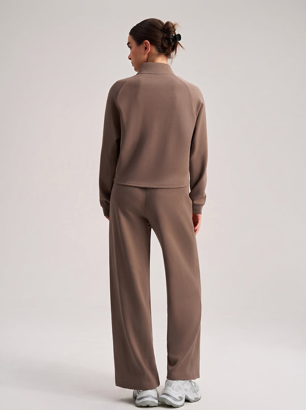 #Brown Cropped Stand Collar Athletic Jacket of back view