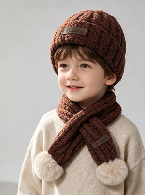 #Brown Kid Fuzzy Plush Knitted Hat Scarf Winter Set