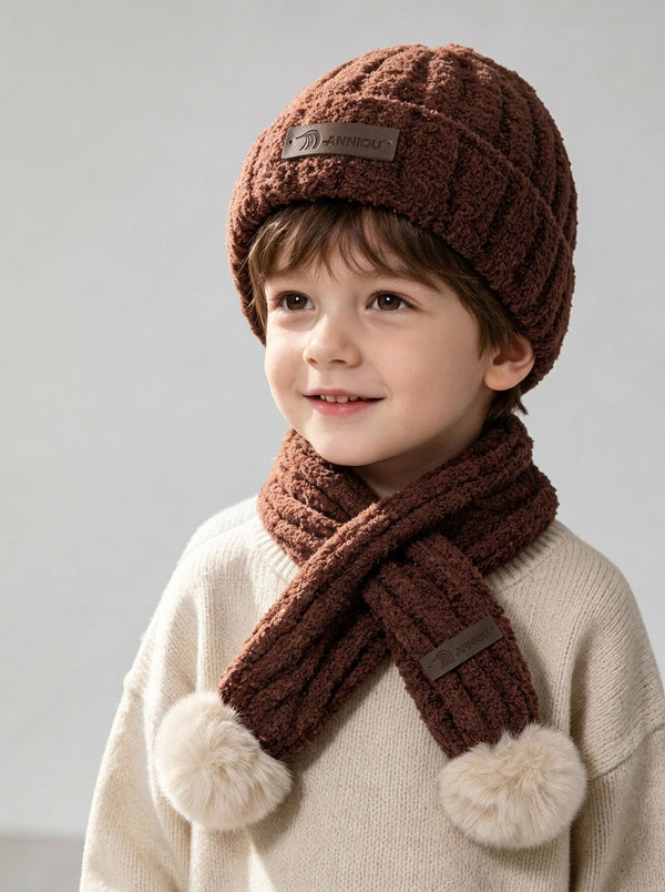 #Brown Kid Fuzzy Plush Knitted Hat Scarf Winter Set