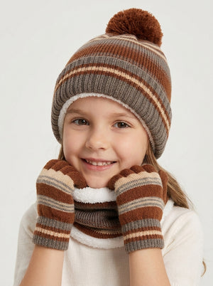 #Brown Kids Stripe Plush Pom Knit Hat Scarf Gloves Set