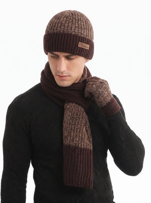 #Brown Men Color Block Rib Knit Hat Scarf  Gloves Set