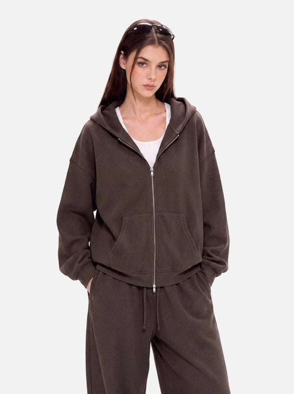 #Brown Waffle Zip Up Hoodie
