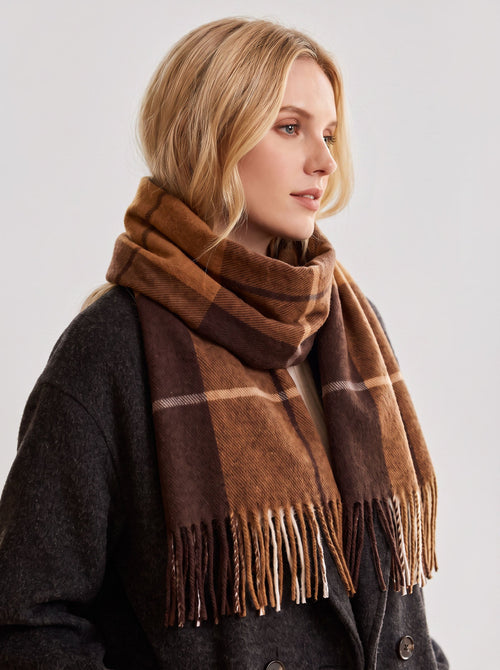#Brown Women Checkered Tassel Scarf