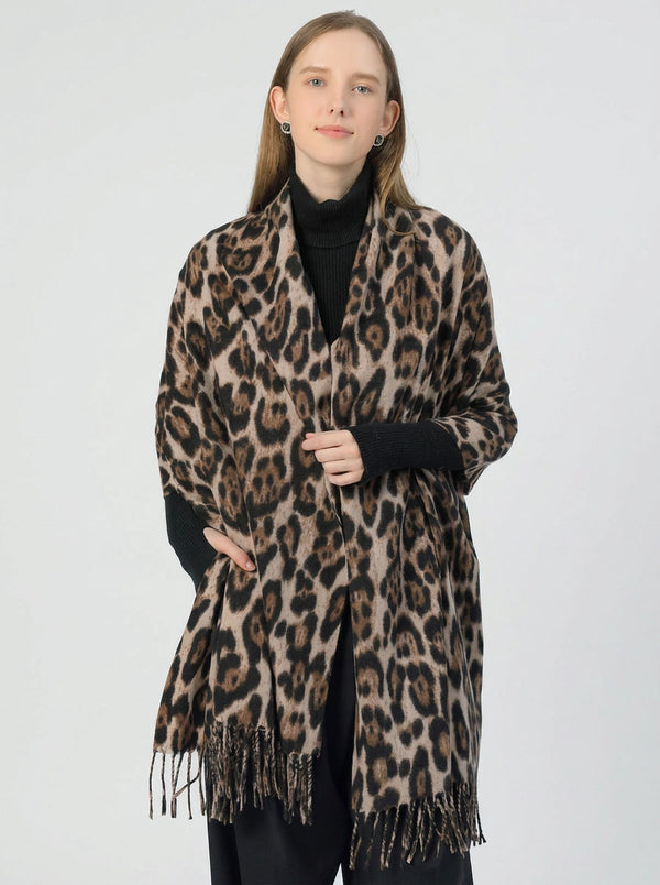 #Brown Women Leopard Print Fringe Scarf
