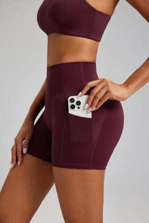 #Burgundy high waist Pocket Yoga Shorts 