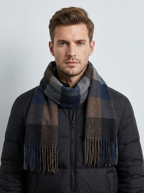 #Camel Men Plaid Tassel Check Pattern Neck Scarf