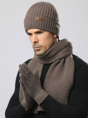#Camel Men Solid Color Knit Hat Scarf Gloves Set