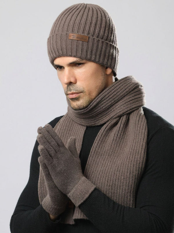 #Camel Men Solid Color Knit Hat Scarf Gloves Set