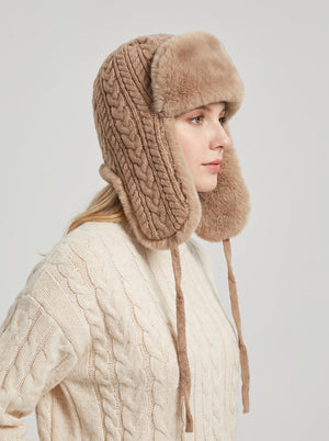 #Camel  Women  Knit Faux Fur Ear Flap Trapper Hat
