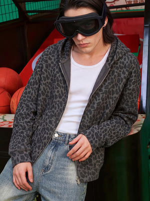 Casual #Black Leopard Print Waffle Hooded Zip Jacket