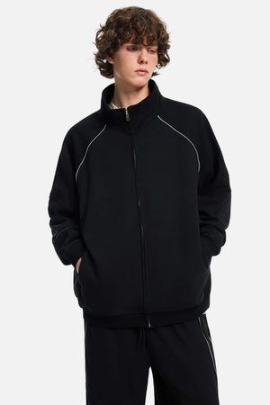 Casual #Black Reflective Stripe Raglan Zip Up Jacket