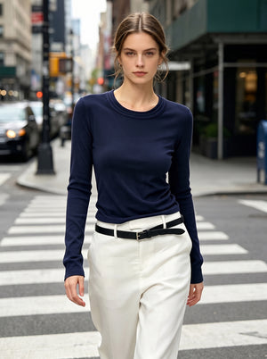 Casual #NavyBlue Wool Blend Crew Neck Base Layer Top