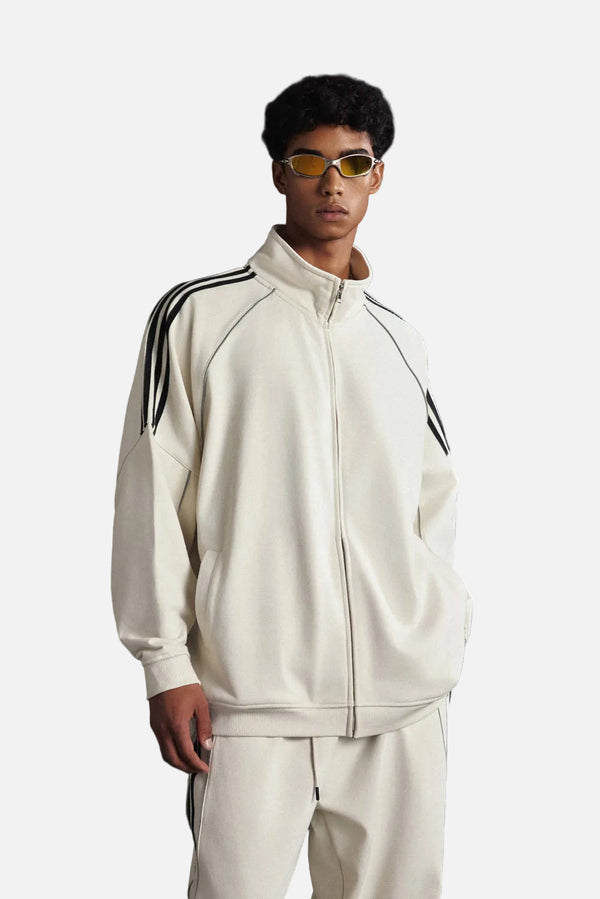 Casual #White Reflective Stripe Raglan Zip Up Jacket