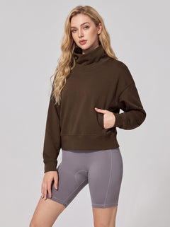 #Coffee Cropped Mock Neck Pullover Sweatshirt