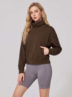 #Coffee Cropped Mock Neck Pullover Sweatshirt