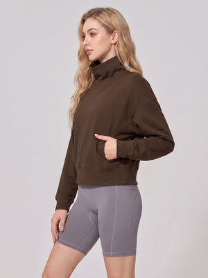 #Coffee Cropped Mock Neck Pullover Sweatshirt of side view