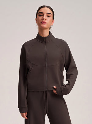 #Coffee Cropped Stand Collar Athletic Jacket