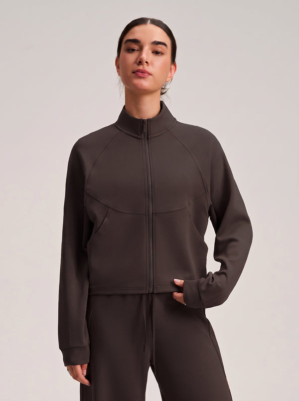 #Coffee Cropped Stand Collar Athletic Jacket