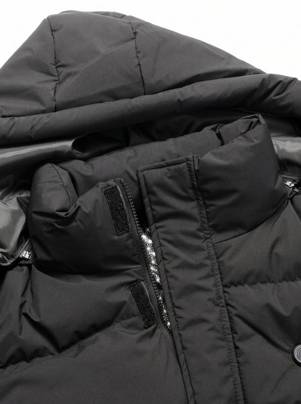 Collar details of #black Mid Length Heated Quilted Jacket