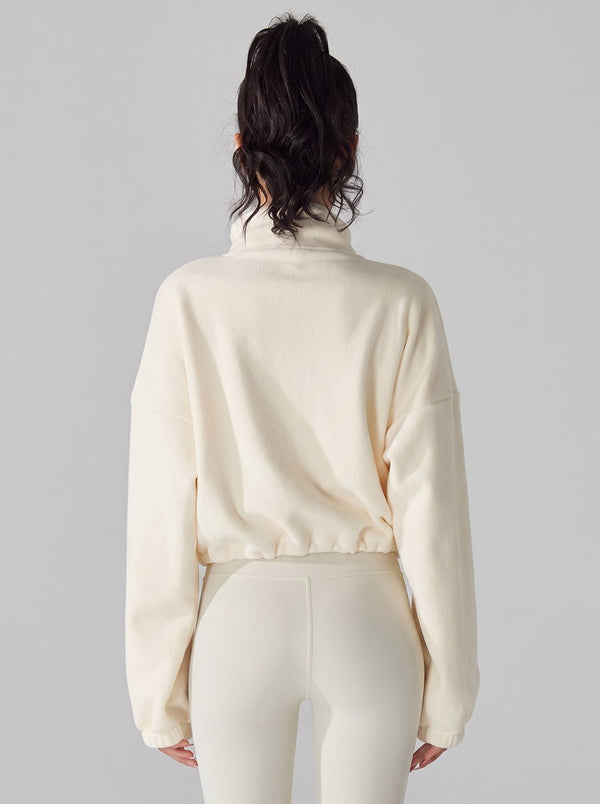 #Creamapricot Sherpa Fleece Stand Collar Jacket of back view