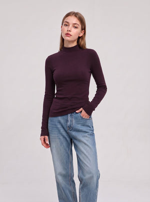 #DarkPurple Wool Blend Thermal Mock Neck Shirt