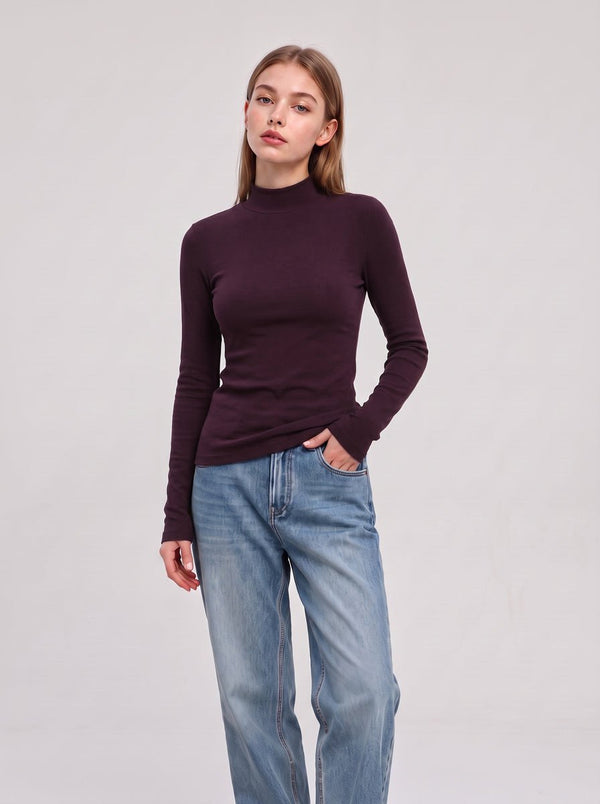 #DarkPurple Wool Blend Thermal Mock Neck Shirt