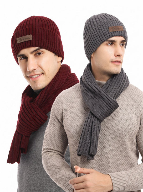 #Darkgrey And Red Men Knitted Hat Scarf Gloves Set