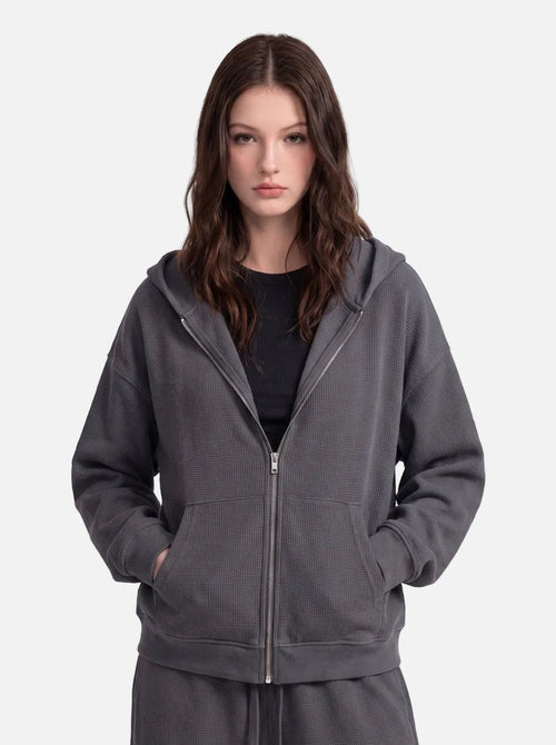 #Darkgrey Waffle Zip Up Hoodie