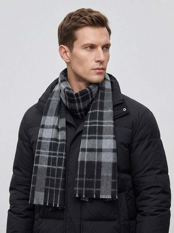 #Darkgrey Men Plaid Fleece Lined Scarf