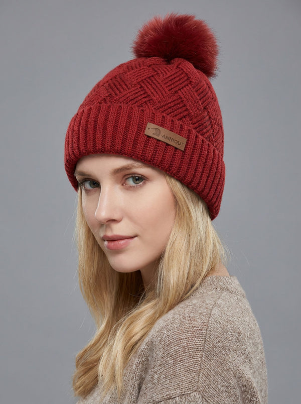 #Darkred Black Women Grid Jacquard Pom Knit Beanie Hat