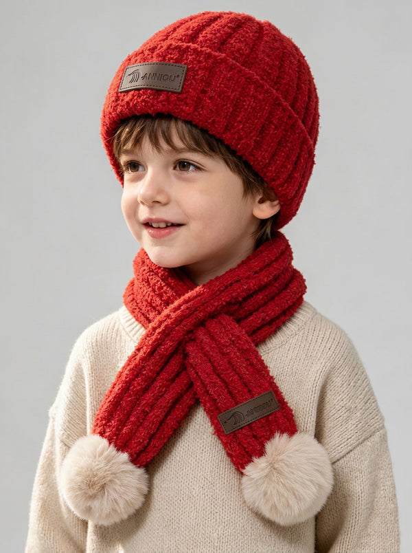#Darkred Kid Fuzzy Plush Knitted Hat Scarf Winter Set