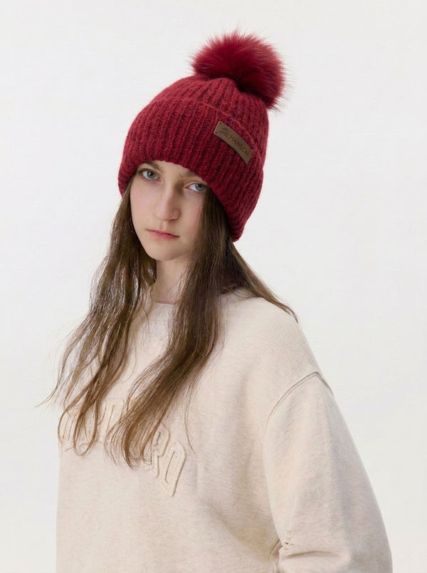 #Darkred Women Cashmere Blend Pom Knit Beanie Hat