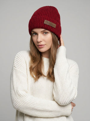 #Darkred Women Rib Knit Leather Patch Beanie Hat