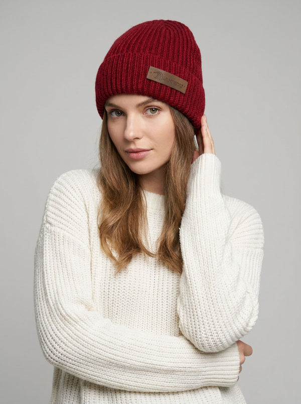#Darkred Women Rib Knit Leather Patch Beanie Hat