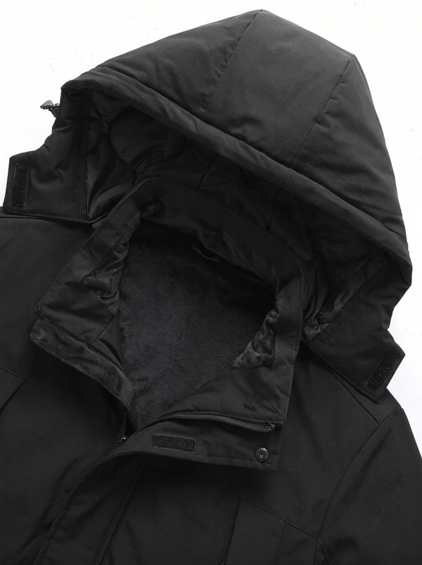 Detachable hood detail of #Black Dual Control Heated Softshell Jacket