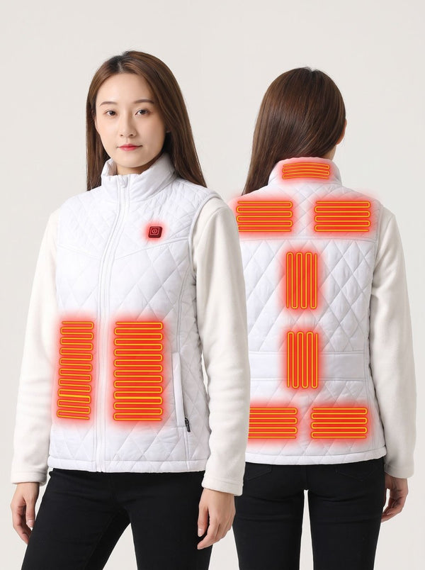 A woman shown from the front and back wearing a white quilted zip-up jacket with overlaid orange graphics highlighting built-in heating zones on the chest and back, against a plain light background.