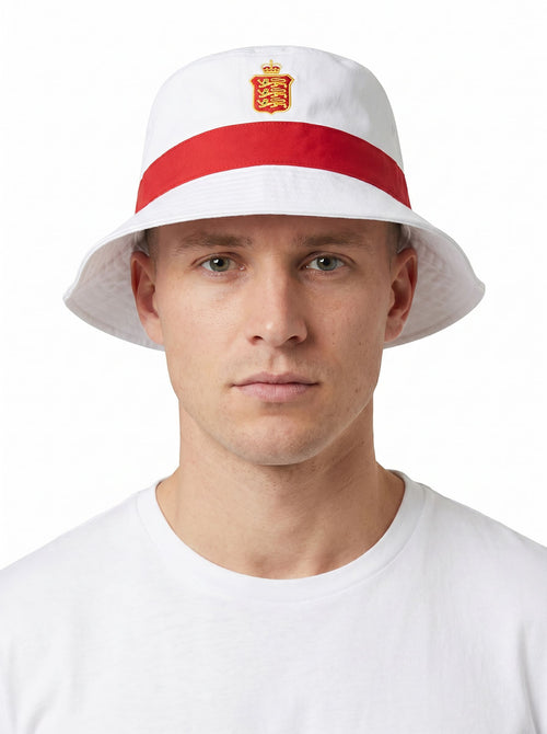 man wearing the England official UV shooting bucket Hat in white and red